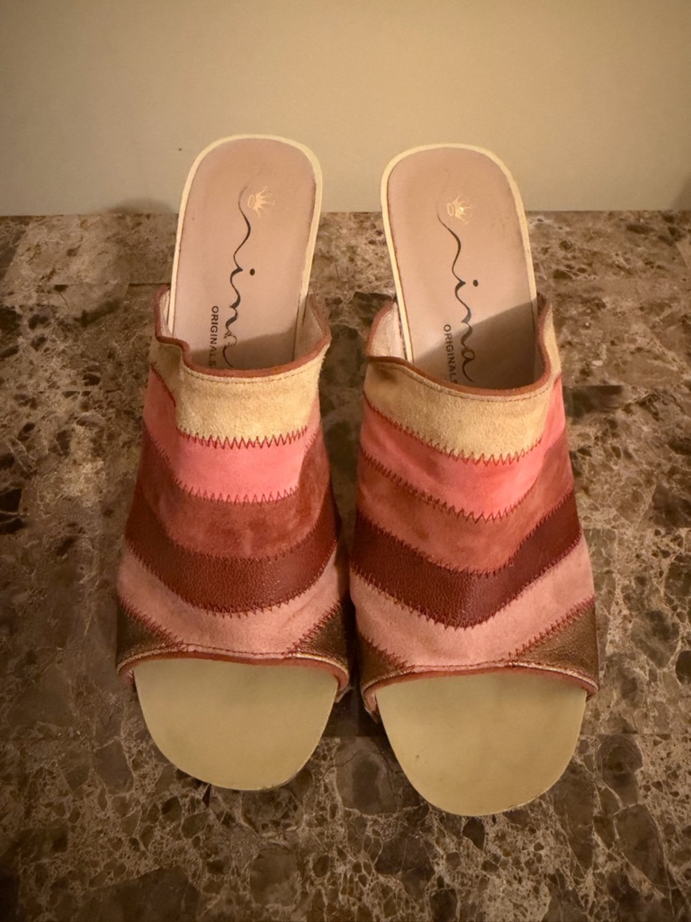 Nina Very Beautiful Pink and Brown Multi color Chevron Open-Toe Mule sandals